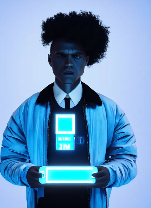 Image similar to a black man with short curly haircut, portrait, wearing black letter jacket, holding a futuristic looking big cinema camera, light blue led's, sharp focus, octane render, hyperrealistic, cinematic lighting, highly detailed, 8 k,