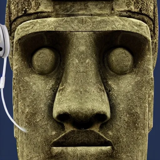 Image similar to a high detail photo of a moai wearing headphones, subject: moai, subject detail: wearing headphones