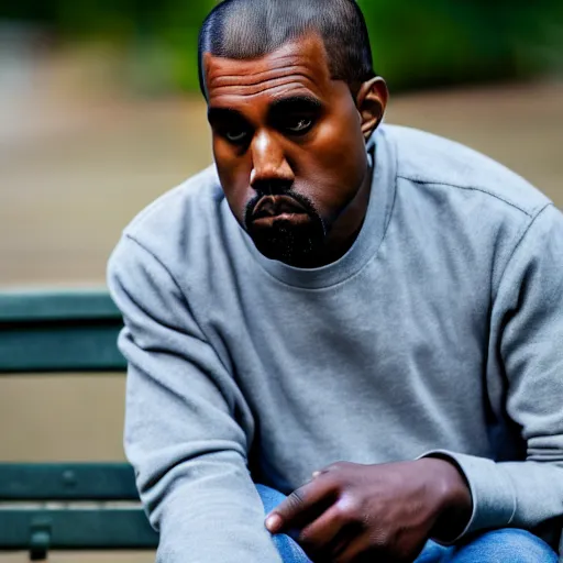 Image similar to dslr photo still of sad kanye west sitting on a park bench with a tear on his cheek, 8 k, 1 1 0 mm f 1 6