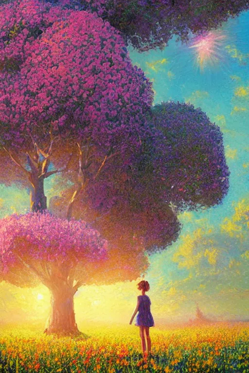 Image similar to girl with huge flower as a face, standing in a flower field, big trees, sunrise dramatic light, impressionist painting, colorful clouds, digital painting, pointillism, artstation, simon stalenhag