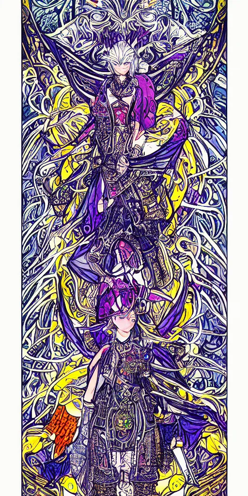 Image similar to a mage from final fantasy 14, intricate, amazing line work, cosmic, psychedelic, cheerful, colorful, tarot cards,