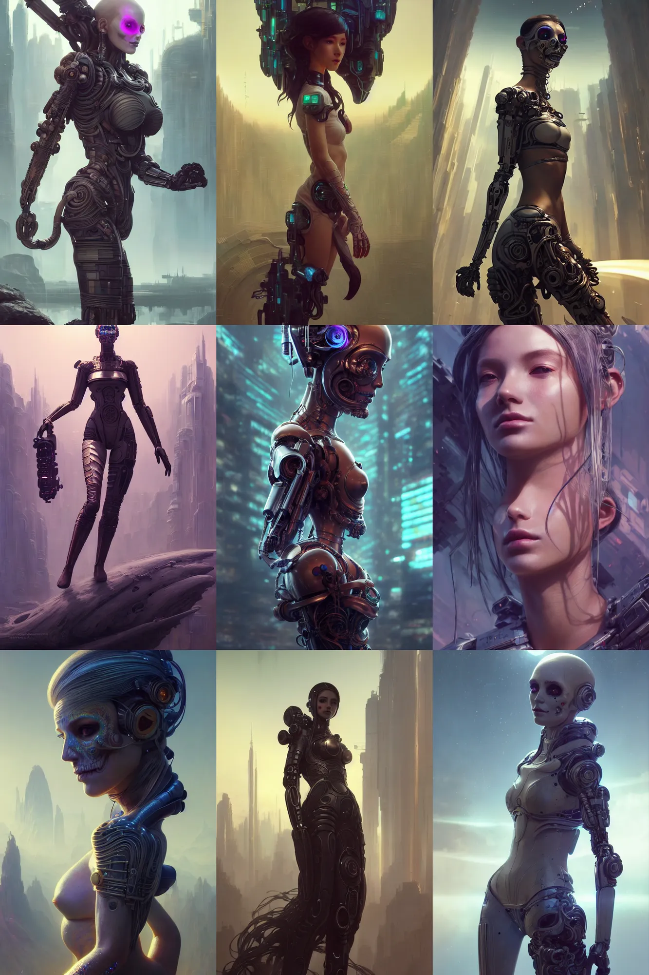 Prompt: wanderer, beautiful female android!, intricate detailed environment, photorealistic!, octane render, mechanical, concept art, cinematic lighting, digital art, cgsociety, hyper realism, cyberpunk 8 k, los muertos. by artgerm and wlop and maciej kuciara and godmachine and moebius and greg rutkowski and alphonse mucha and stanley lau