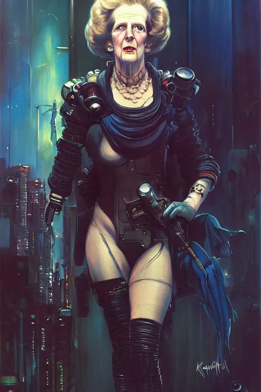 Image similar to cyberpunk margaret thatcher, character design, painting by gaston bussiere, katsuya terada, frank frazetta, tom of finland, trending on artstation