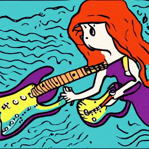 Image similar to illustration of a mermaid playing an stratocaster electric guitar, by Bill Watterson