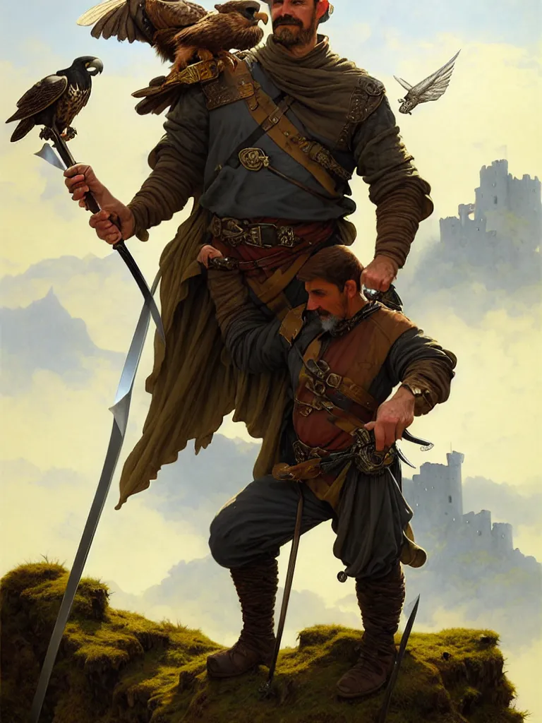 Prompt: middle age ranger with rugged expresions falcon pet on his sholder holding a long sword, top a cliff observing old ruins of a castle, elegant clothing, photorealistic render, matte patining, highly detailed, artstation, smooth, sharp focus, art by michael whelan, artgerm, greg rutkowski and alphonse mucha