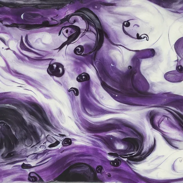 Image similar to dark purple, a female art student falling asleep, misty, iceberg, black paint, dark, sensual, dreamy, waves, swirls, blue drips, fish, blueberries, octopus, neo - impressionist, surrealism