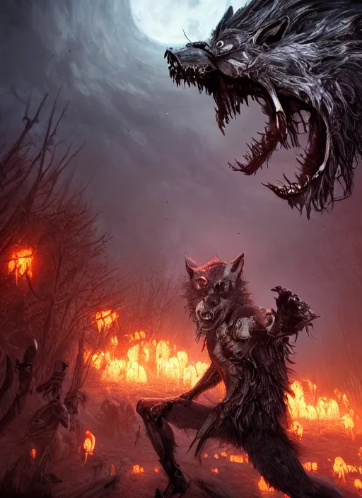 Image similar to werewolf fighting an endless army of skeletons, ultra detailed fantasy, elden ring, realistic, dnd, rpg, game design concept art, behance hd, artstation, deviantart, global illumination radiating a glowing aura global illumination ray tracing hdr render in unreal engine 5