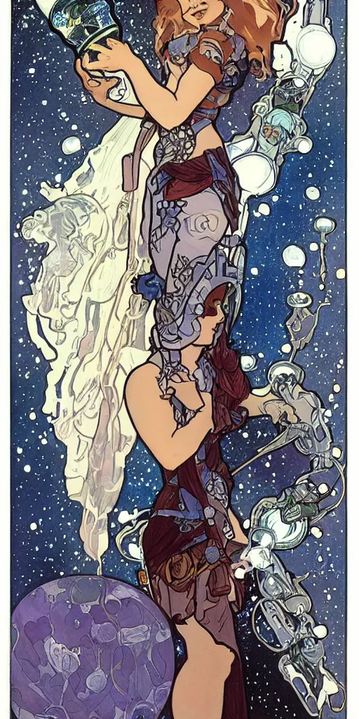 Image similar to a woman wearing outer space as a dress, pouring water from a vase into the milky way, by joe madura and boarder by alphonse mucha, battle chasers.