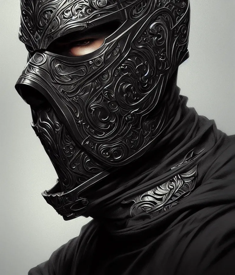Image similar to ultra realistic illustration, a male with black mask, black t - shirt, intricate, elegant, highly detailed, digital painting, artstation, concept art, smooth, sharp focus, illustration, art by artgerm and greg rutkowski and alphonse mucha