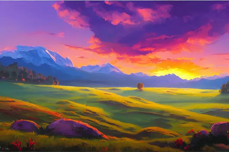 Prompt: a beautiful colorful nature landscape with clouds, mountains, in background, sunset, by rhads