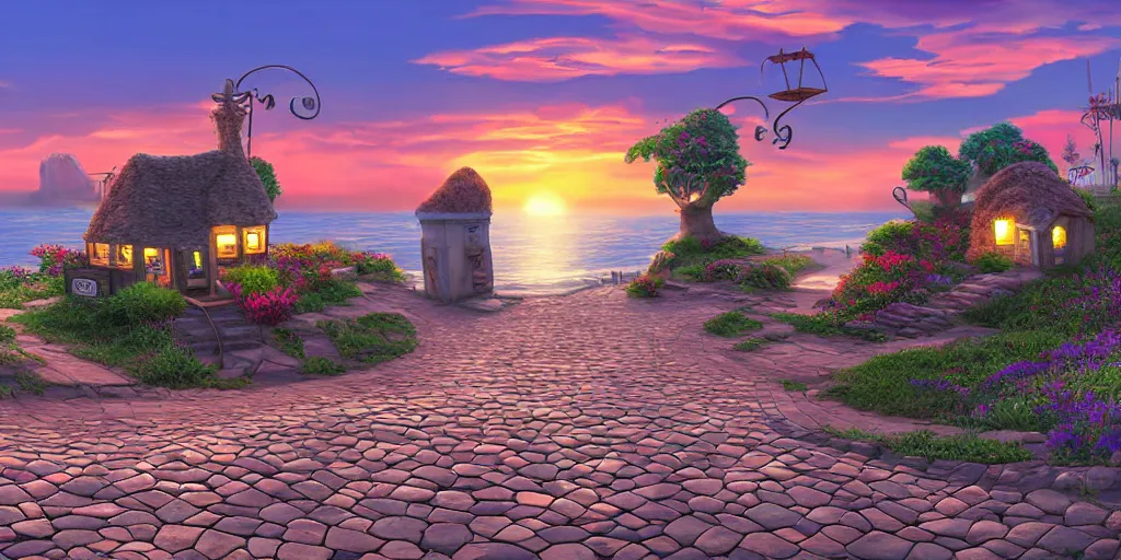 Prompt: epic professional digital art of a lonely cobblestone street with a kiosk on a cliff over the sea at sunset, highly detailed, pixar movie