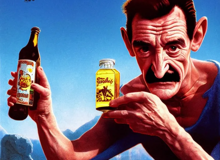 Prompt: barry chuckle drinking a bottle of snake oil, snake oil advertisement from 1 9 8 8, artwork by greg rutkowski and richard corben, 3 d, high resolution 8 k