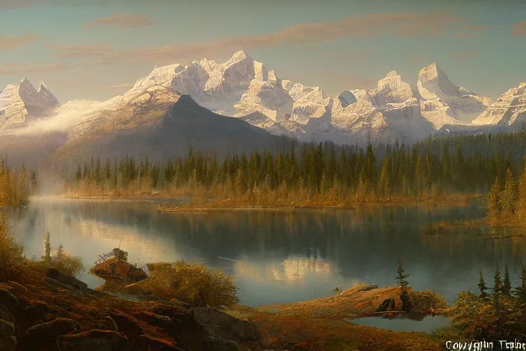 Image similar to an epic landscape painting of the three sisters mountains in canada, with snow on its peak, at sunrise in springtime, with the bow river in the foreground, painted by x, atmospheric, volumetric lighting, rolling fog, breathtaking, highly detailed, painted by ted nasmith