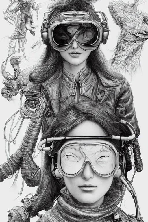 Prompt: studio portrait of a female aviator, wearing aviator goggles, beautiful, elegant, an ultrafine hyperdetailed illustration by kim jung gi, and moebius, jean gireaud, and nicholas delort, intricate linework, detailed faces, super sharp focus, bright colors, octopath traveler, final fantasy, unreal engine 5, central composition,