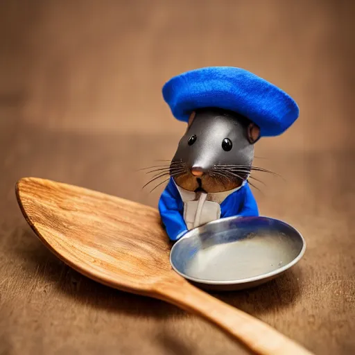 Image similar to blue rat with chef's hat holding a wooden spoon