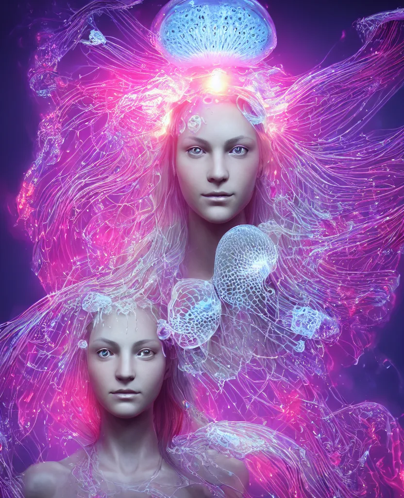 Image similar to close-up macro portrait of the face of a beautiful princess, epic angle and pose, symmetrical artwork, 3d with depth of field, blurred background, cybernetic jellyfish female face skull phoenix bird, translucent, nautilus, energy flows of water and fire. a highly detailed epic cinematic concept art CG render. made in Maya, Blender and Photoshop, octane render, excellent composition, cinematic dystopian brutalist atmosphere, dynamic dramatic cinematic lighting, aesthetic, very inspirational, arthouse. y Greg Rutkowski, Ilya Kuvshinov, WLOP, Stanley Artgerm Lau, Ruan Jia and Fenghua Zhong