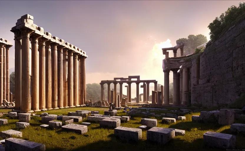 Image similar to exterior shot of utopian ancient roman temple with cinematic lighting by peter zumthor and renzo piano, darek zabrocki and greg ruthkowski, simon stalenhag, cinematic, holy place, paradise, scifi, futurism, atmospheric, concept art, artstation, trending on artstation