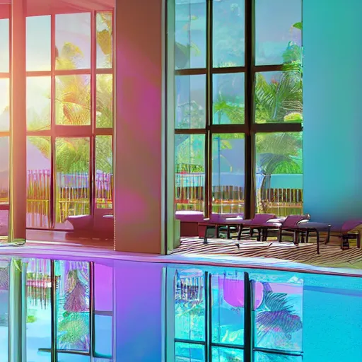 Prompt: a sunlit indoor lounge area with a pool with clear water and another pool with translucent pastel pink water, next to a big window, digital art