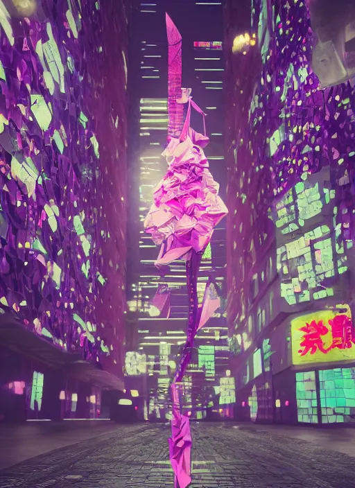 Image similar to downtown tokyo made out of newspaper and neon lights, beautiful anthropomorphic purple squid woman wearing a flowing paper dress and posing, paper origami, many origami roses, city background, heavenly light, 3 d, very detailed, octane render, trending artstation, artgem