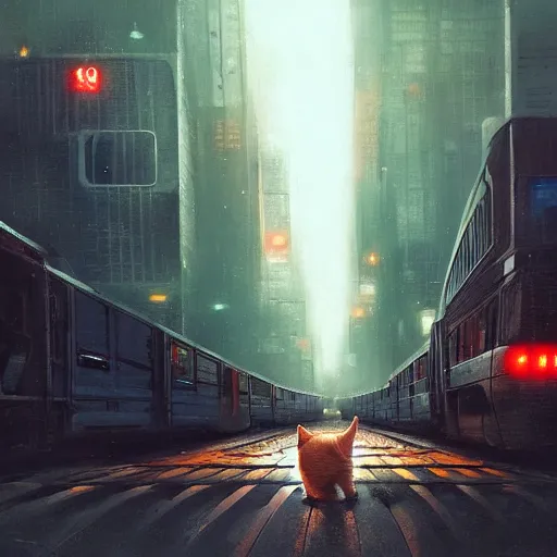 Prompt: detailed portrait of a cat, moment, cyberpunk elevated train, electronic billboards, tech noir, wet reflections, atmospheric, ambient, livia prima, greg rutkowski, edward hopper, pj crook