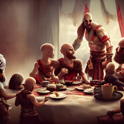 Image similar to god of war having a tea party with little kids, digital painting, 3 d, octane render