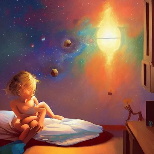 Prompt: a child goddess creating a universe in her room at night. Detailed. Elaborate. Intricate. Digital art. Masterpiece. By Krzysztof Maziarz. RHADS. Repin.