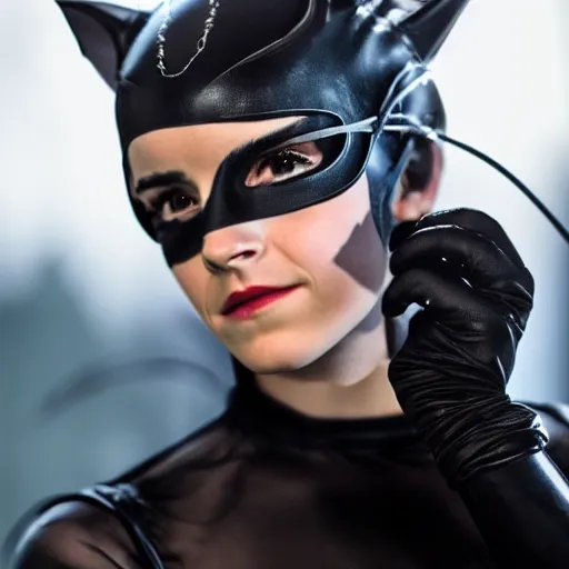 Prompt: Emma Watson as Catwoman, 105mm, Canon, f/1.4, ISO 100, 1/200s, 8K, RAW, symmetrical balance, Dolby Vision, Aperture Priority