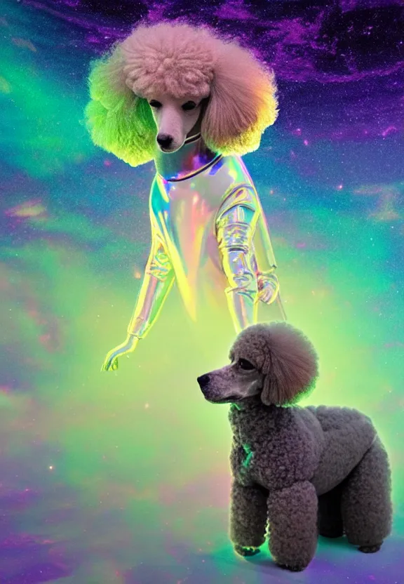 Prompt: a beautiful portrait of a poodle inside an holographic iridescent spacesuit, galactic landscape, cinematic, volumetric fog, risographic, digital art, 4 k, vintage sci - fi, inspired by moebius, inspired by thim white, inspired by h. r. giger