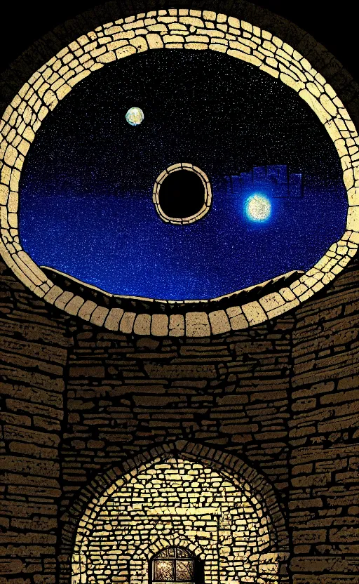 Image similar to stone brick wall inside of a castle, round window looking out to the starry night sky laboratory, high details, intricately detailed, by vincent di fate, inking, 3 color screen print, masterpiece, trending on artstation,, sharp, details, hyper - detailed, hd, 4 k, 8 k