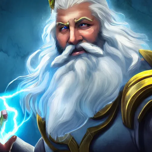 Image similar to Zeus with white beard and hair, lightning bolt in Zeus's hand, hearthstone art style, epic fantasy style art, fantasy epic digital art, epic fantasy card game art