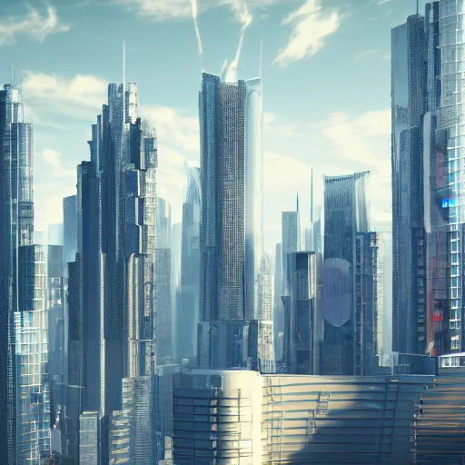 Prompt: futurist cityscape with tall buildings. Octane render. Tilt and shift effect. High detail