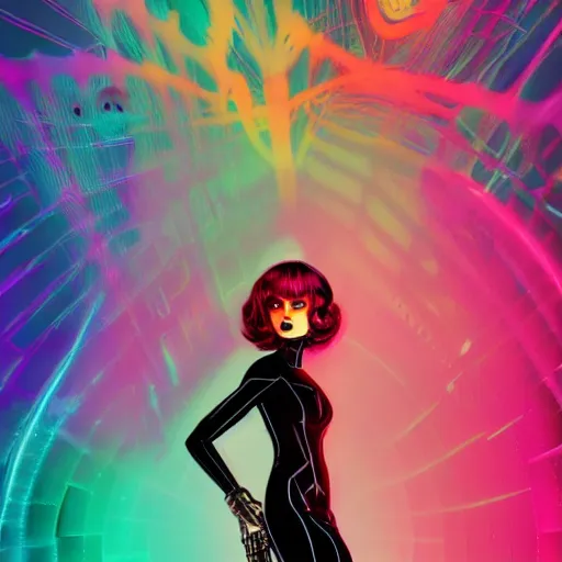 Prompt: long Shot of psychedelic Black widow standing in mysterious chromatic astral temple , stylish, lsd, soft, cinematic, artwork by Wong, Liam