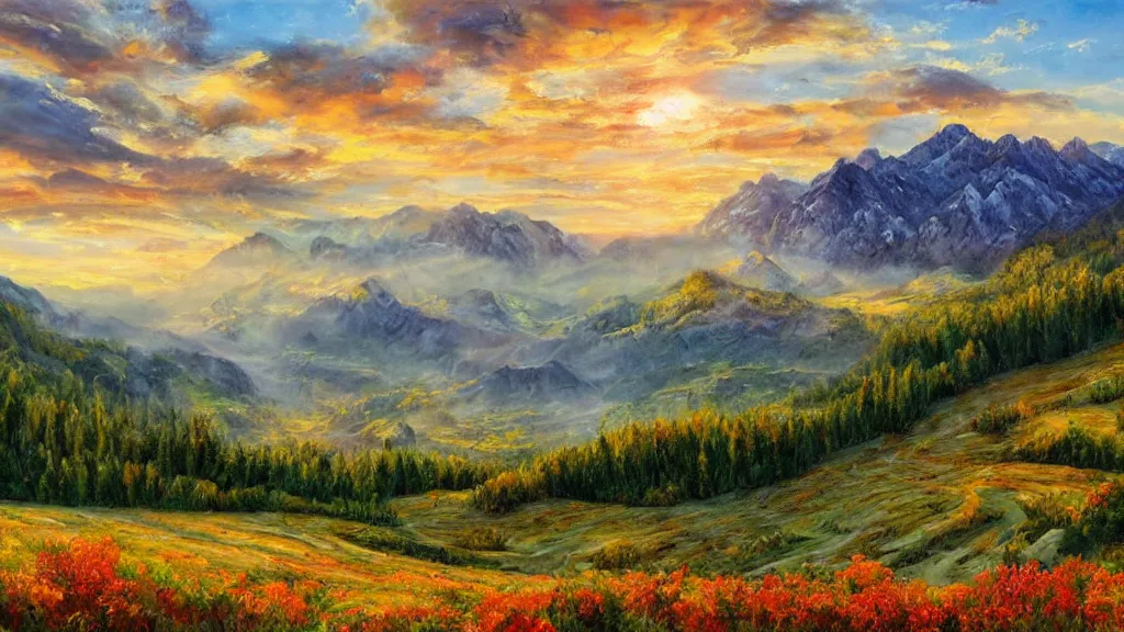 Image similar to The most beautiful panoramic landscape, oil painting, where the mountains are towering over the valley below their peaks shrouded in mist, the sun is just peeking over the horizon producing an awesome flare and the sky is ablaze with warm colors and stratus clouds. A giant dreamy waterfall separates the valley and the trees are starting to bloom in a great variety of colors, by Greg Rutkowski, aerial view