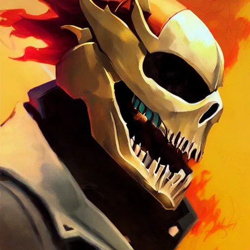 Image similar to greg manchess portrait painting of ghost rider as overwatch character, medium shot, asymmetrical, profile picture, organic painting, sunny day, matte painting, bold shapes, hard edges, street art, trending on artstation, by huang guangjian and gil elvgren and sachin teng