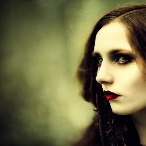 Prompt: A beautiful portrait of a lady vampire, victorian, ominous, depth of field, bokeh, irwin penn, soft light, cinematic