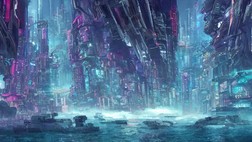 Prompt: Cyberpunk Atlantis. Beautiful underwater city.