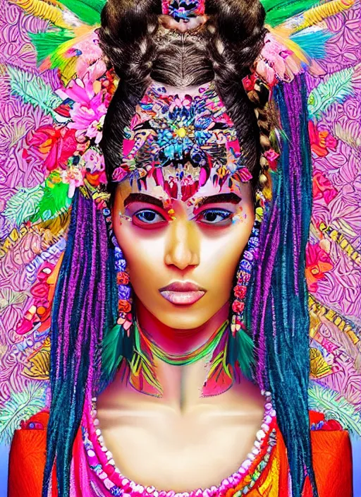 Image similar to beautiful portrait of a super model wearing fantastic dress,embellished beaded feather decorative fringe knots ,colorful pigtail,subtropical flowers and plants,perfect symmetrica body shape,symmetrical face,intricate,elegant,highly detailed,8k,post-processing,digital painting,trending on pinterest,harper's bazaar,concept art, sharp focus, illustration, by artgerm,Tom Bagshaw,Lawrence Alma-Tadema,greg rutkowski,Alphonse Mucha,golden ratio