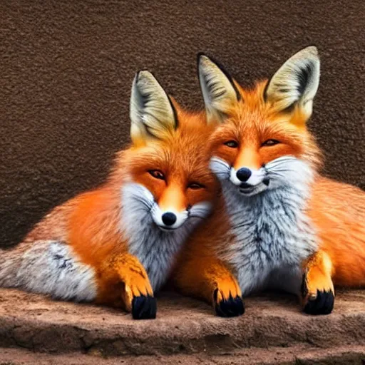 Prompt: Two foxes cuddling together. They are in love.