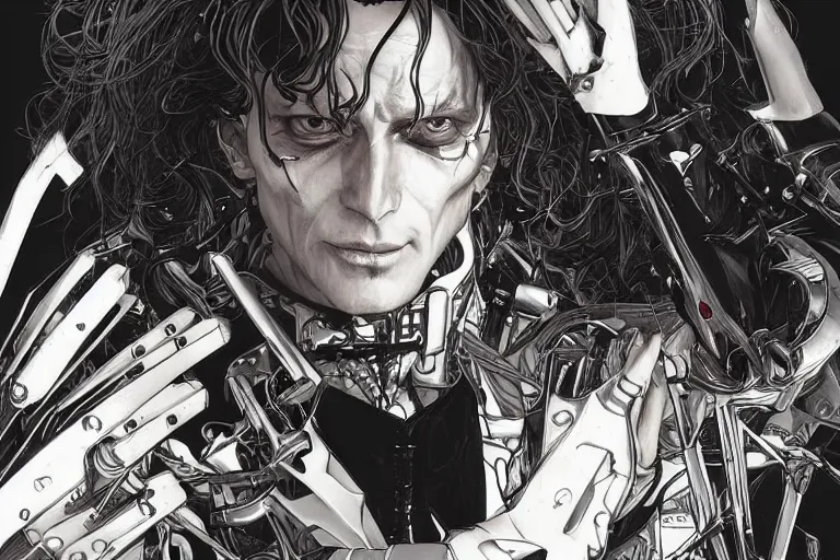 Image similar to comic book illustration, portrait of Edward Scissorhands, cyberpunk concept art by artgerm and Alphonse Mucha and Moebius, highly detailed, intricate, sci-fi, sharp focus, Trending on Artstation HQ, deviantart