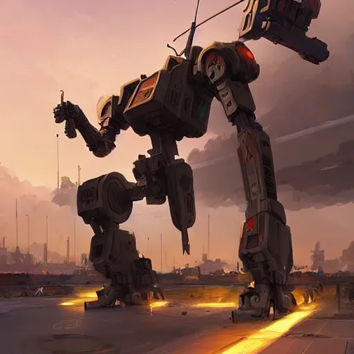 Image similar to six meters tall mech fighting in an urban environment, mechanized warfare, hyperrealistic, cinematic, by weta digital, epic action pose, gaudi, behance hd by jesper ejsing, by rhads, makoto shinkai and lois van baarle, ilya kuvshinov