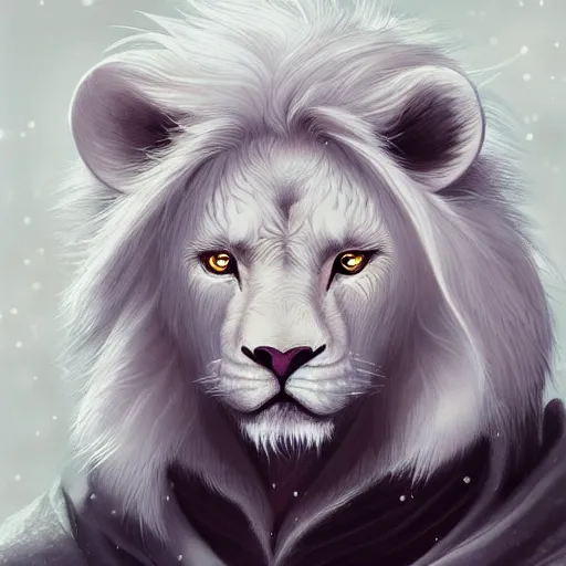 Image similar to aesthetic half body portrait commission of a albino male furry anthro lion wearing a Kimono, detailed face , hyperdetailed, snowy winter atmosphere. Character design by charlie bowater, ross tran, artgerm, and makoto shinkai, detailed, inked, western comic book art, 2021 award winning painting