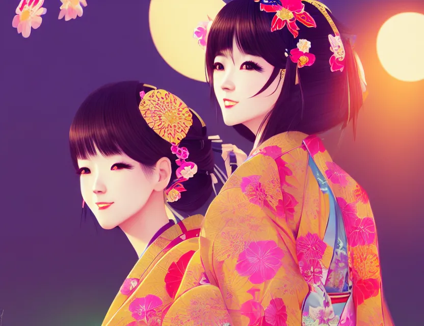 Image similar to two beautiful charming japan female superstar wear arty kimono in festival | | sunny night, festival,, realistic shaded, smile, good looking, hyper details, 4 k realistic, cryengine, realistic shaded lighting poster by ilya kuvshinov, fuji choko, ross tran, 8 k resolution, trending on artstation, luxury