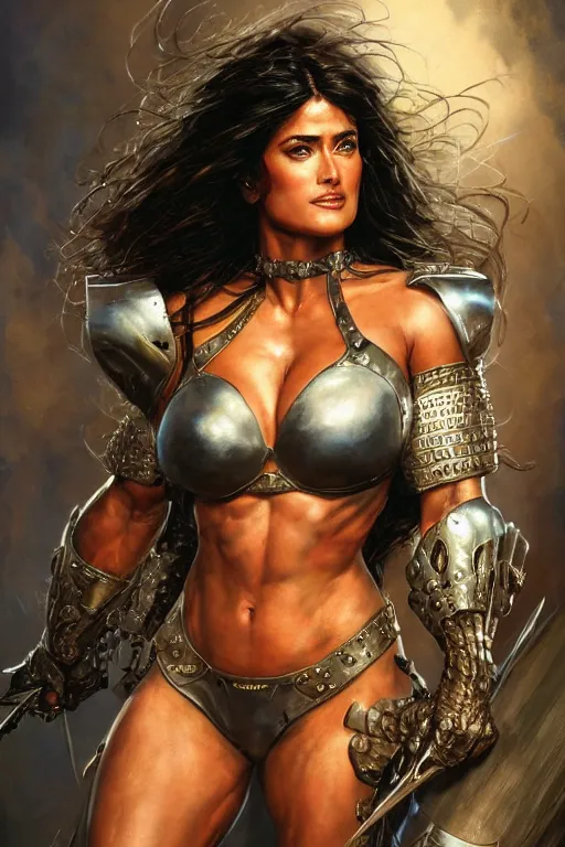 Prompt: muscular beautiful salma hayek wearing armor tombow artwork greg staples , dug stanat, norman rockwell , christophe young eytan zana , rumiko takahashi ,HD 4k ,trending on artstation