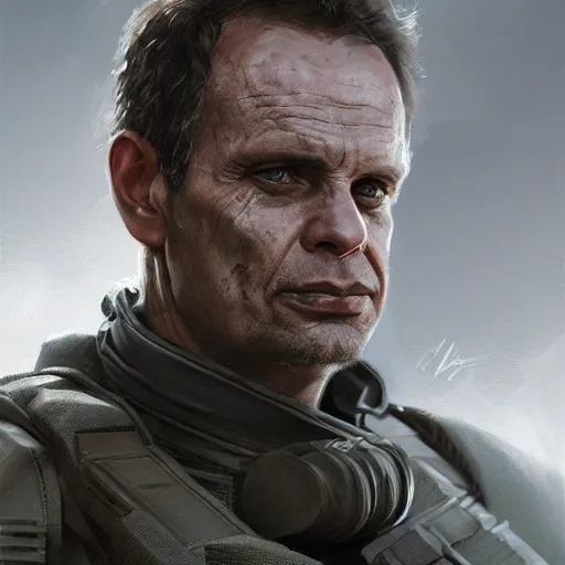 Image similar to portrait of superhero by greg rutkowski, michael biehn wearing a military like kevlar gear, highly detailed portrait, digital painting, artstation, concept art, smooth, sharp foccus ilustration, artstation hq