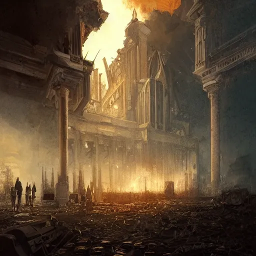 Prompt: portrait of a pipe organ facade surrounded by smoke, battle damage, sunset glow around the top, full portrait, intricate, dark, highly detailed, digital painting, artstation, concept art, smooth, sharp focus, illustration, art by greg rutkowski and caravaggio, background is a city in ruins, no people