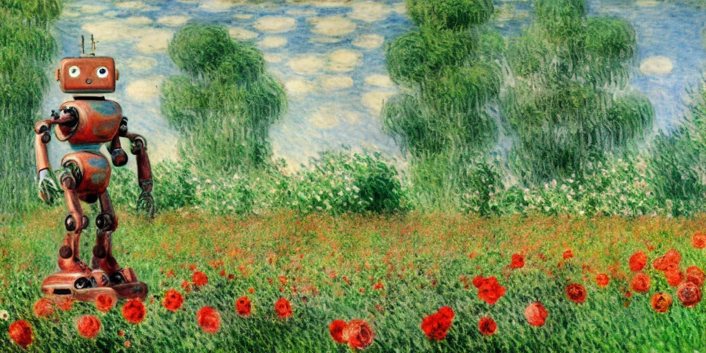 Image similar to a robot standing on flower garden looking small with many kinds flower arround him, watercolor art, 1 8 8 0 s, calude monet style, colorfule, hd, uhd