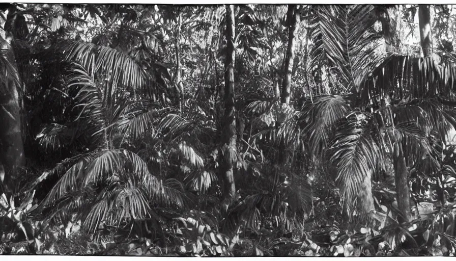 Image similar to lost film footage of a sacred ethnographic object in the middle of the ( ( ( ( ( ( ( ( ( tropical jungle ) ) ) ) ) ) ) ) ) / film still / cinematic / enhanced / 1 9 2 0 s / black and white / grain