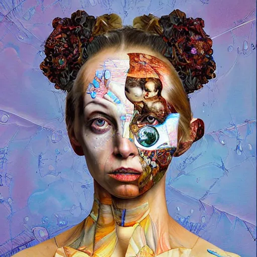 Prompt: deepdream portrait of a female scientist who is also a robot, rococo style, by Sandra Chevrier