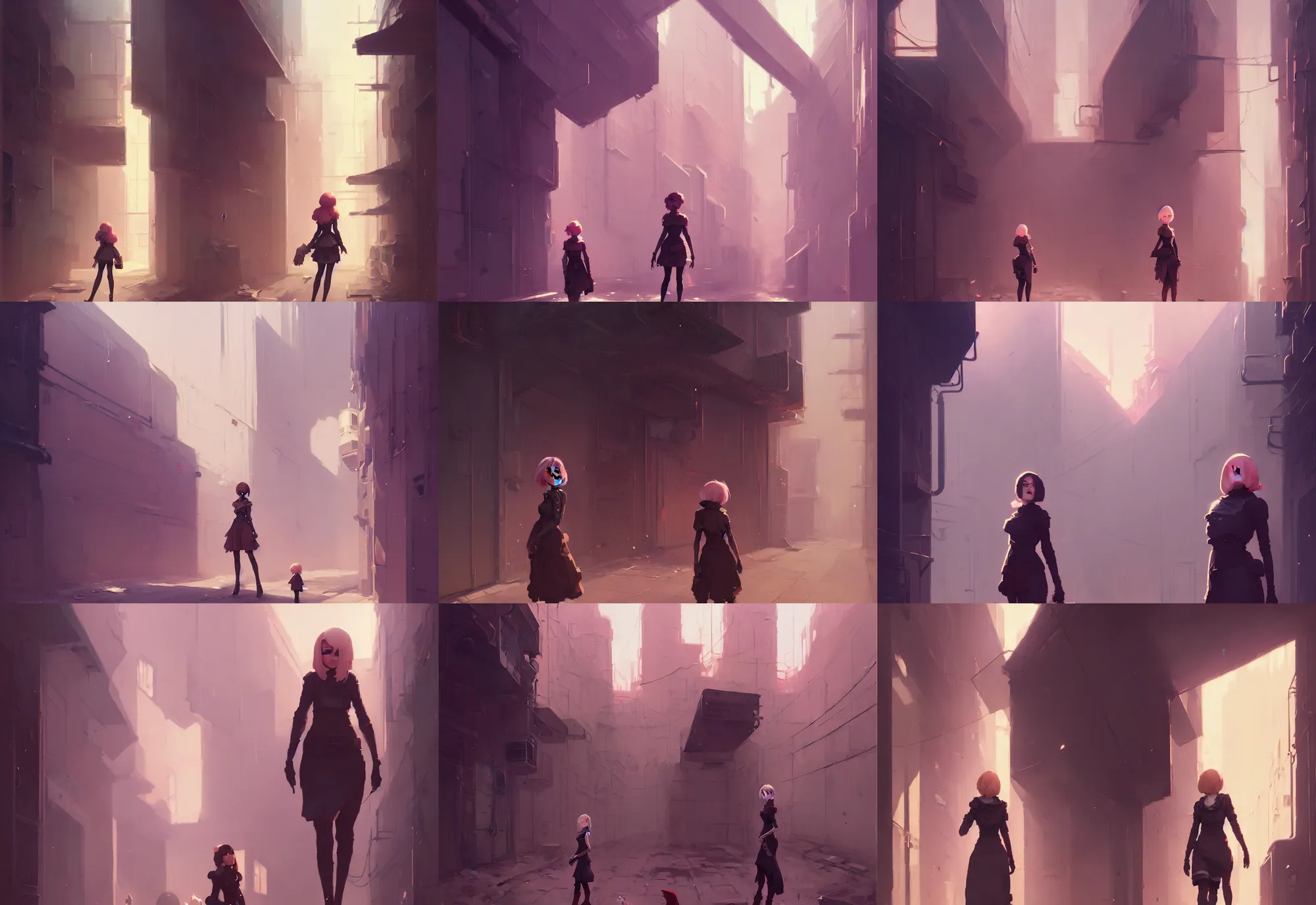 Prompt: portrait of 2 b woman standing in an alley, dystopia, fantasy, by atey ghailan, by greg rutkowski, by greg tocchini, by james gilleard, by joe gb fenton, dynamic lighting, gradient baby pink, brown, blonde cream and white color in scheme, grunge aesthetic