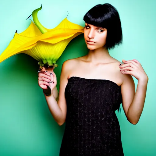 Image similar to beautiful girl with black hair, holding brugmansia flower, colour, dark scenery, sad